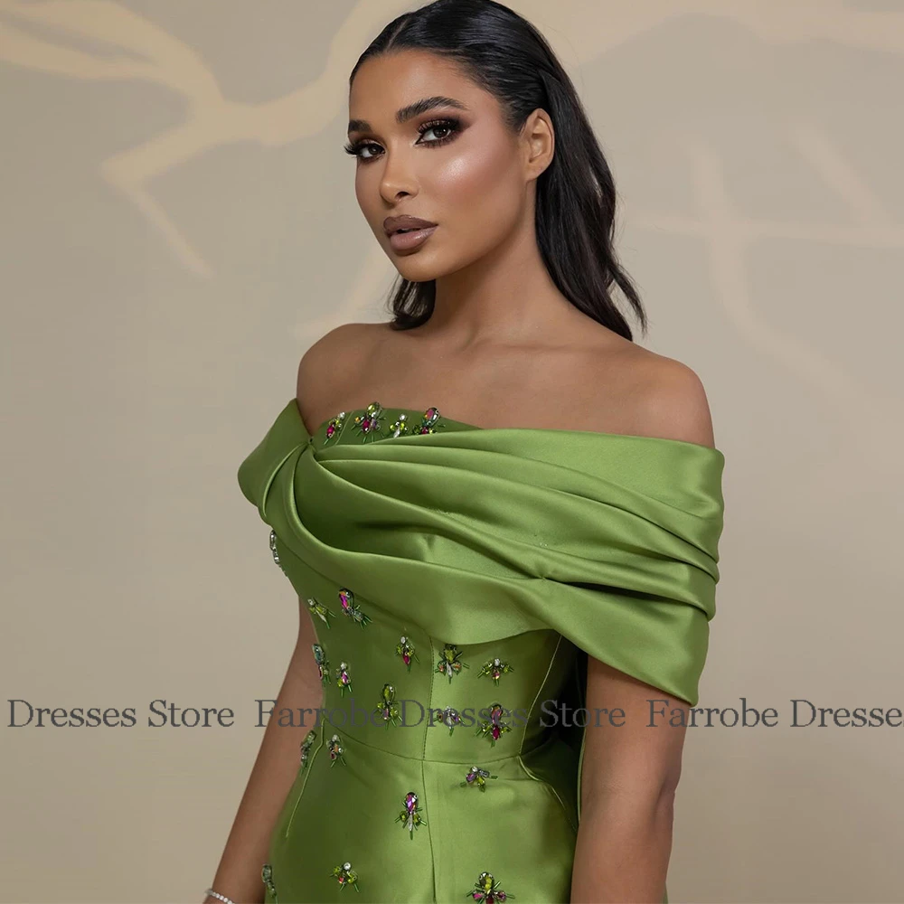 Dubaï robes de soirée de luxe Satin gaine/colonne robe de soirée vert épaules dénudées strass drapé drapé robes de bal Maxi