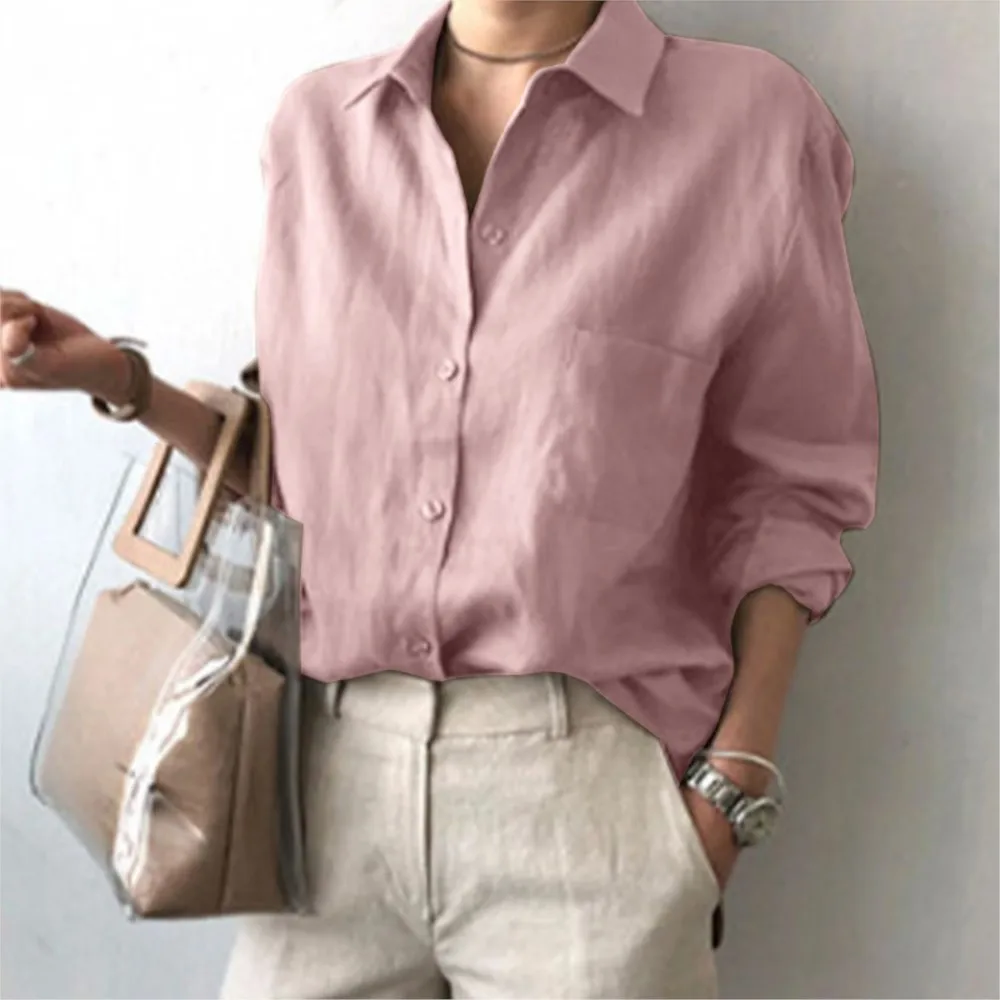 

Women's Retro Solid Color Shirt 2024 Autumn Lapel Long Sleeve Pocket Splicing Unique Blouse Top Camisa Feminina Social Elegante