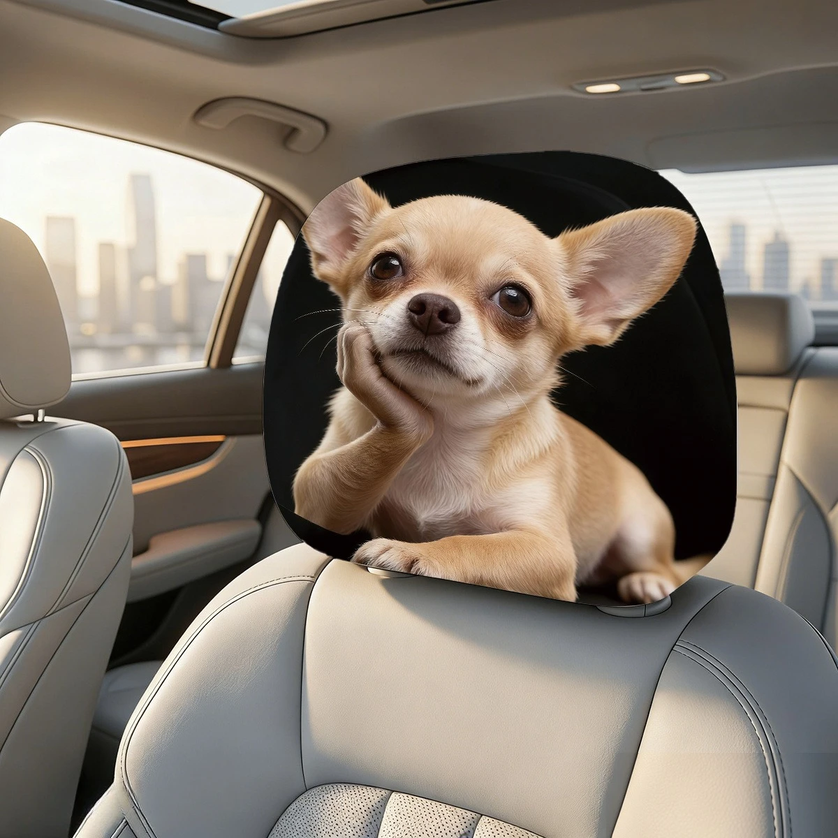 Cute Chin-Rest Chihuahua Headrest Covers, 2-Piece Set,Elastic Snug Fit Car Headrest Covers, Front and Rear Seat Decorations