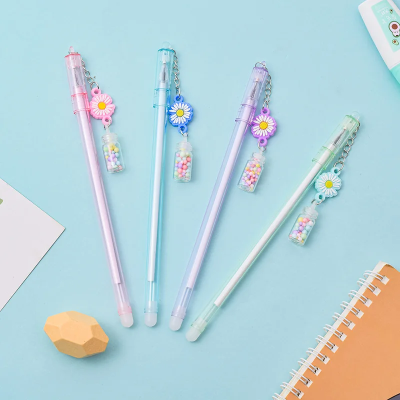 12Pcs/Set Kawaii Daisy Drift Bottle Pendant Erasable Gel Pen Blue Black Ink Neutral Pen Cute Pens Gift Girl School Stationery