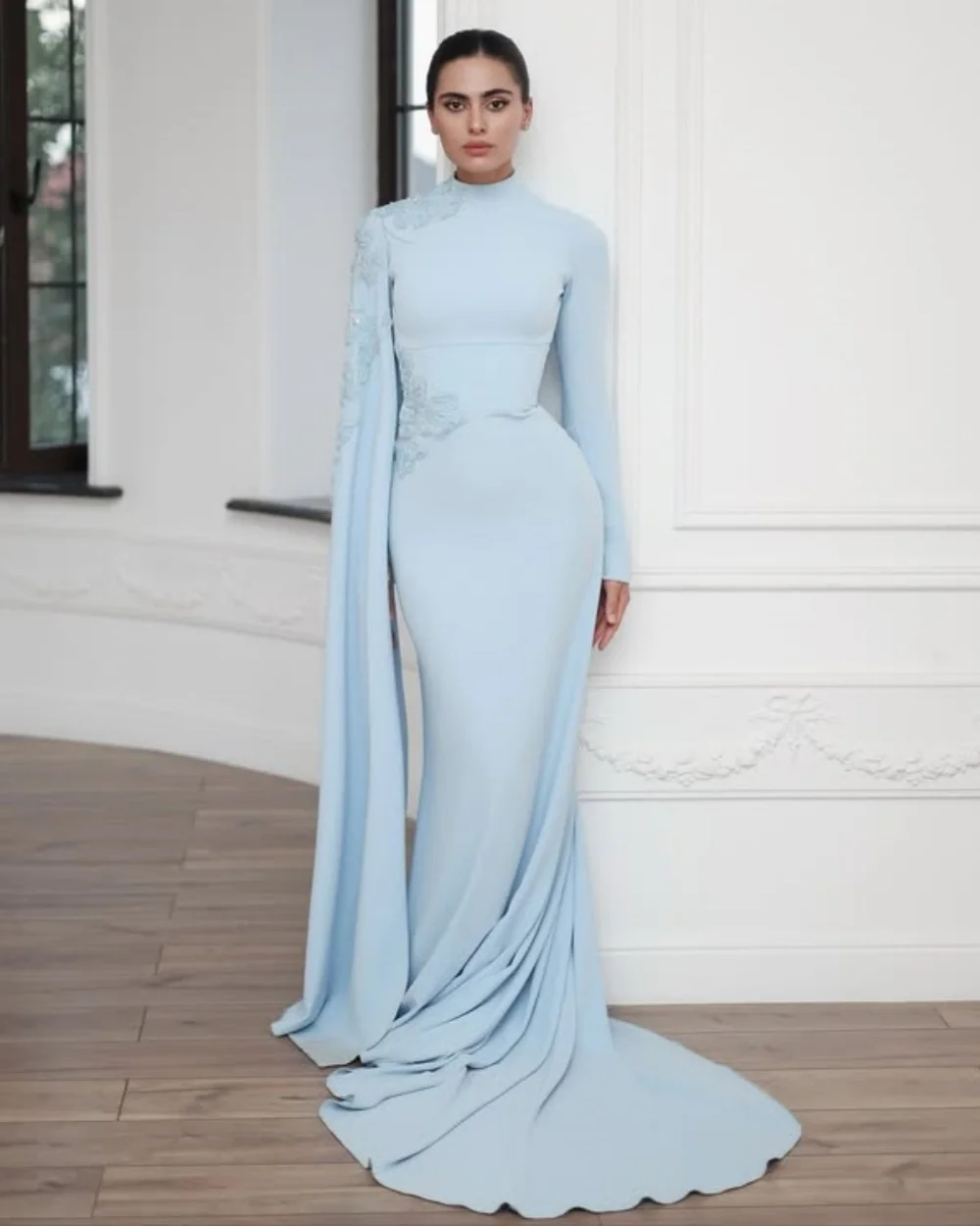 

Customized High Quality Fashion Jersey Handmade Flower Beading Straight High Collar Long Dresses Bespoke Occasion Dresses Retro