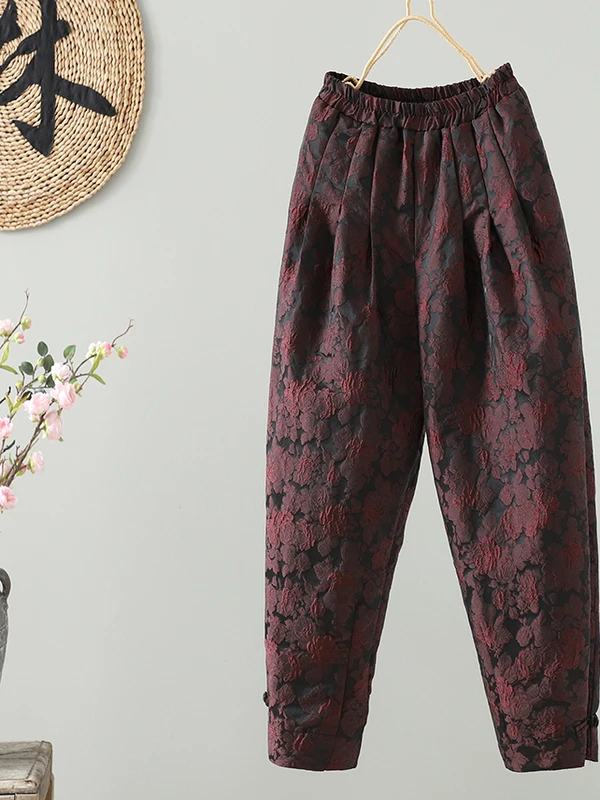 Authentische Blumenstickerei Seiden-Leinen-Hose mit Fleecefutter, Winterwarme Retro-Künstlerische Laternenhose mit Hoher Taille und Elastikbund