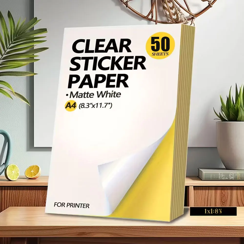 50 sheets of matte white writing paper, A4 self-adhesive stickers, suitable for inkjet printers, DIY sticker printing label art.