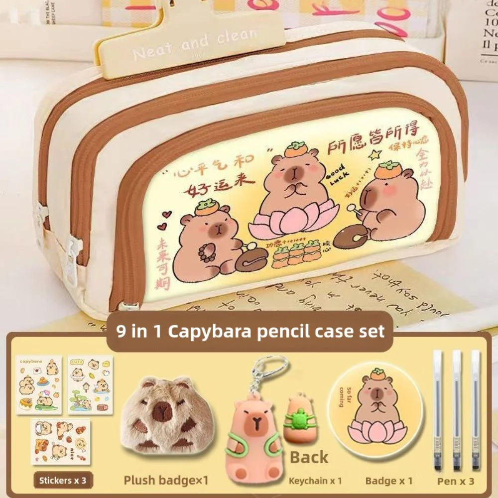 9 في 1 مجموعة حقيبة أقلام كابيبارا 3 طبقات مع حقيبة شبكية حقيبة تخزين أدوات مكتبية سعة كبيرة مقلمة قماشية عالمية