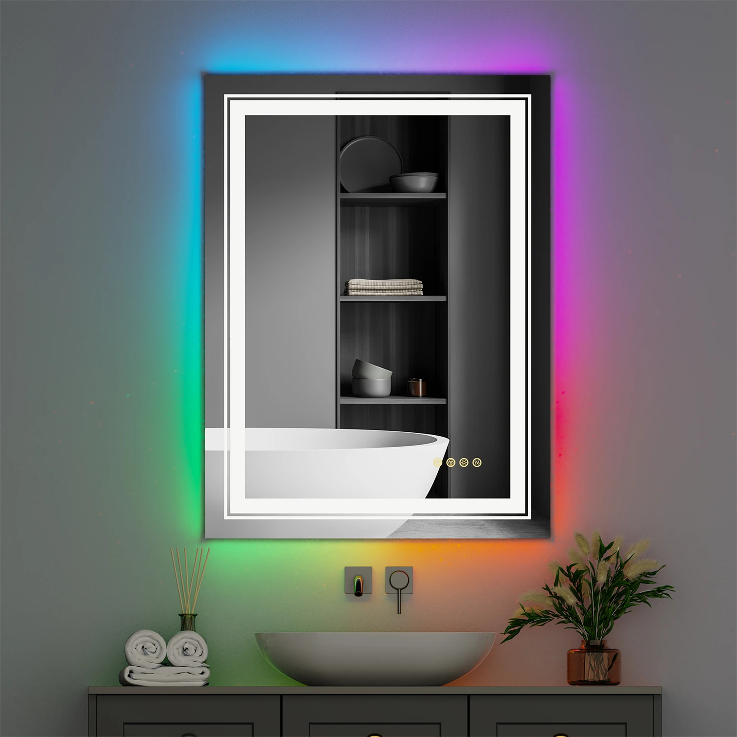 Large Full Size RGB LED Bathroom Mirror with Lights, Dimmable Wall Mirrors, Smart Anti-Fog, Vertical and Horizontal