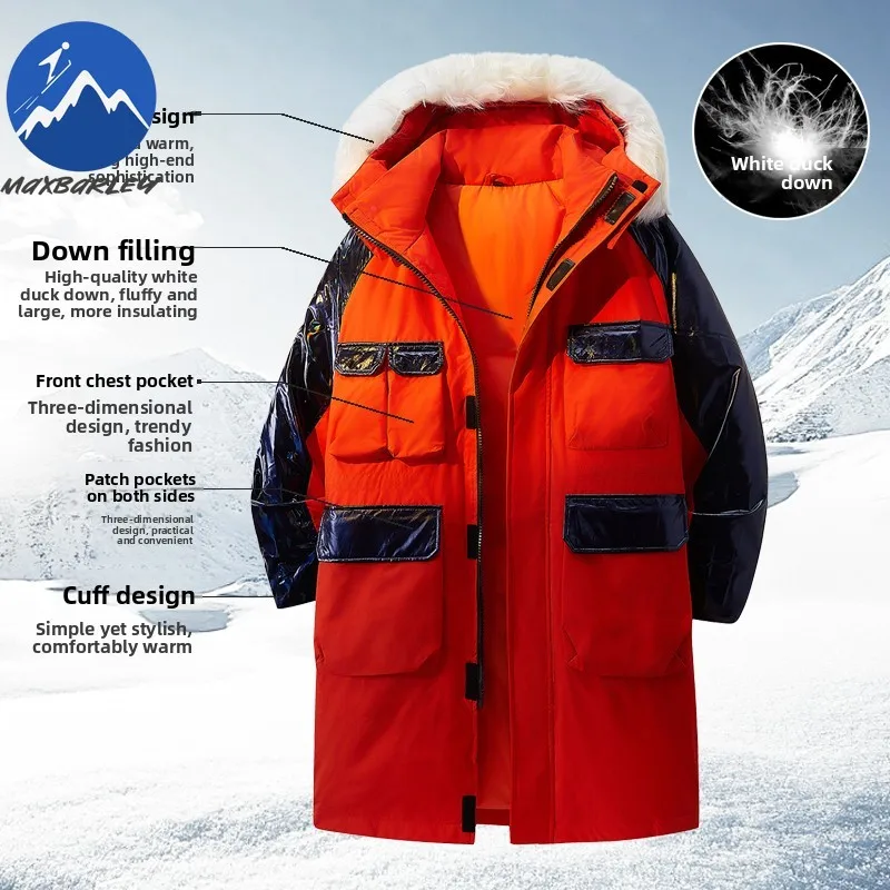 

Luxury Men Down Jacket Thickened Outdoor Skiing Cold Resistant Warm Padded Jacket Fur Collar Hooded Knee Length Winter Snow Coat