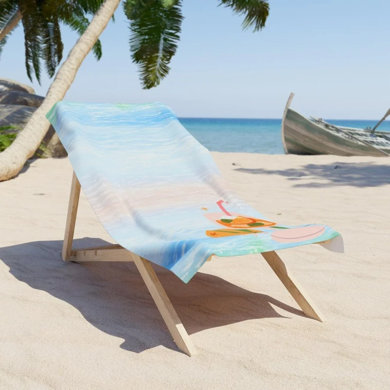 Newest Beach Towel Light Blue Sea Wave Cocktail Drink Cartoon Print Lightweight Beach Towel Vacation Swimming Quick Dry Towel