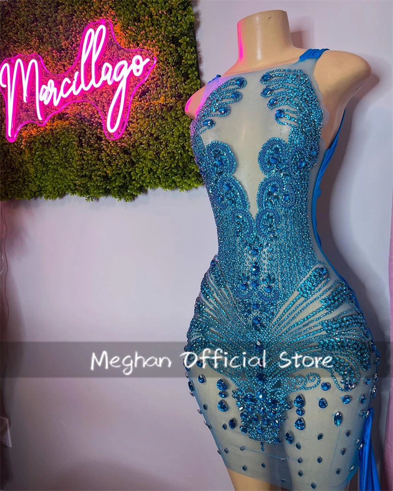 Blaue O N Perlen Kristall kurze Ballkleider schwarzes Mädchen Strass Geburtstag Party Kleid mit seitlicher Schleppe Mini Cocktail individuell gestaltet