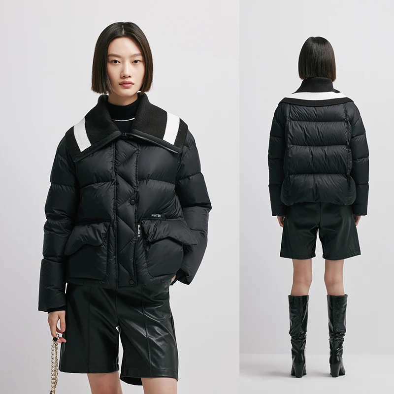 Chericom สั้นถัก Splicing Lapel ผู้หญิงฤดูหนาวเสื้อแจ็คเก็ตเป็ดหนาหลวม Casual Puffer Coats 298101