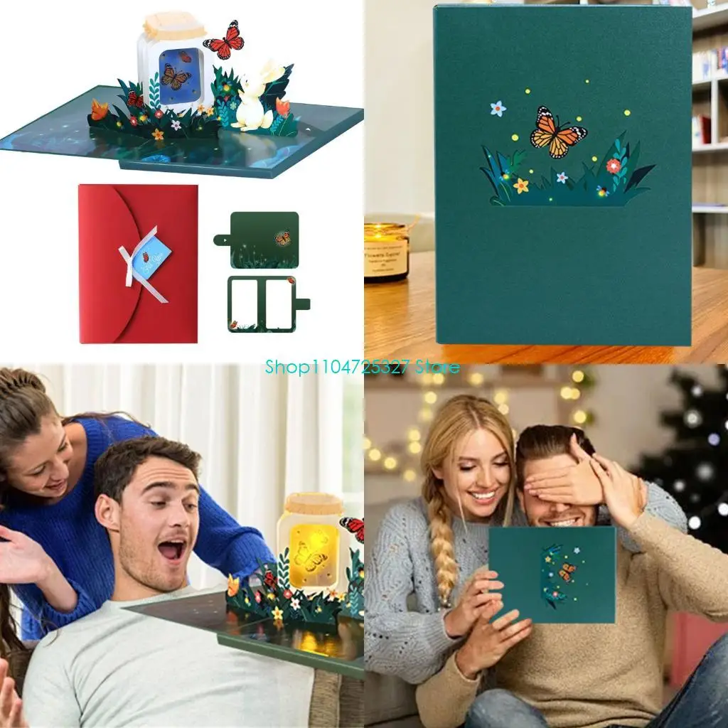 D8KF بطاقة تهنئة بإضاءة LED على شكل فراشة ورقية للعطلات مع ضوء LED للأطفال البالغين وأعياد الميلاد وحفلات الزفاف وعيد الميلاد #1