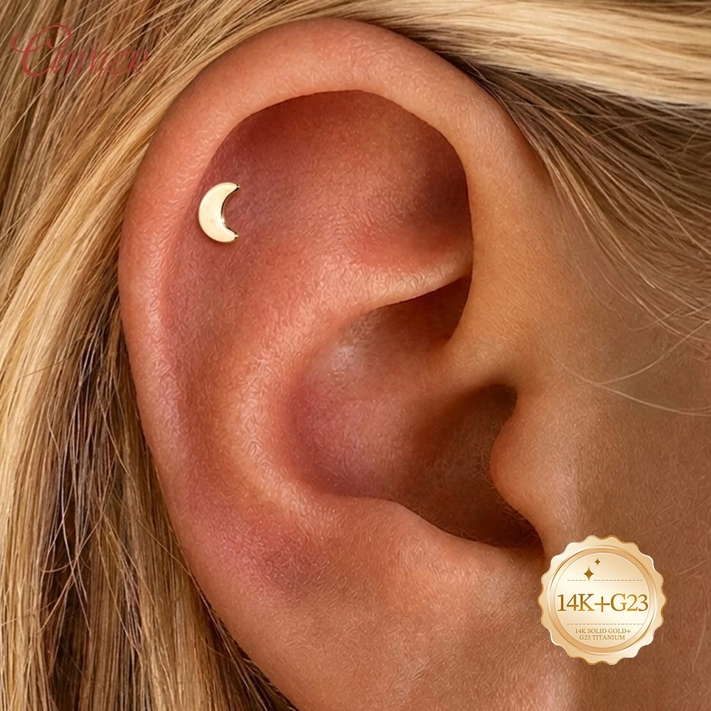 CANNER 14K Solid Gold Moon Labret Piercing Push In Earring Stud Threadless Cartilage Flatback Nose Stud Piercing Body Jewelry