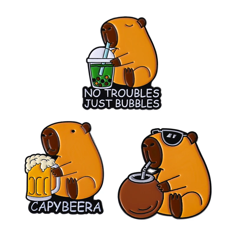 

Cute Capybara Drinking Beer Milk Tea Enamel Pins No Troubles Just Bubbles Brooches Clothes Lapel Badge Jewelry Gifts for Friends