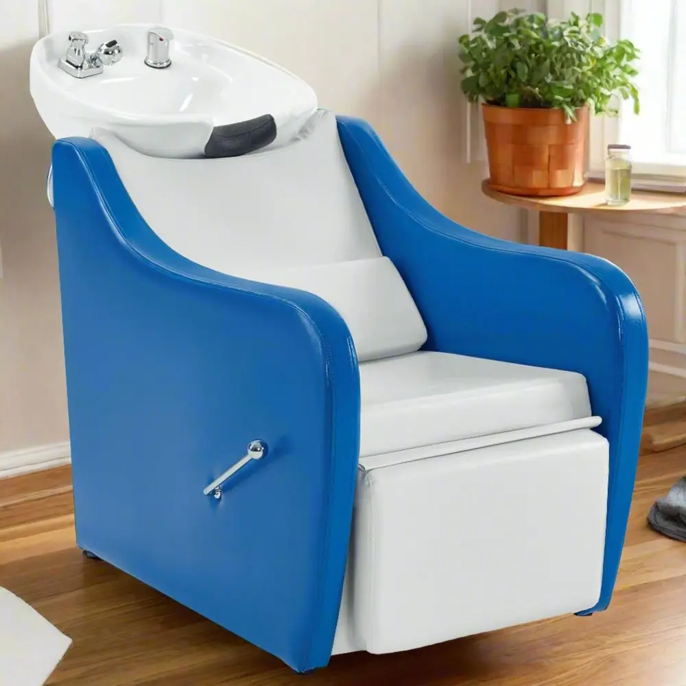 

Backwash Shampoo Station Chair with Legrest, UPC Ceramic Shampoo Bowl and Chair Set for Home Salon, Barbershop 9090 Blue White