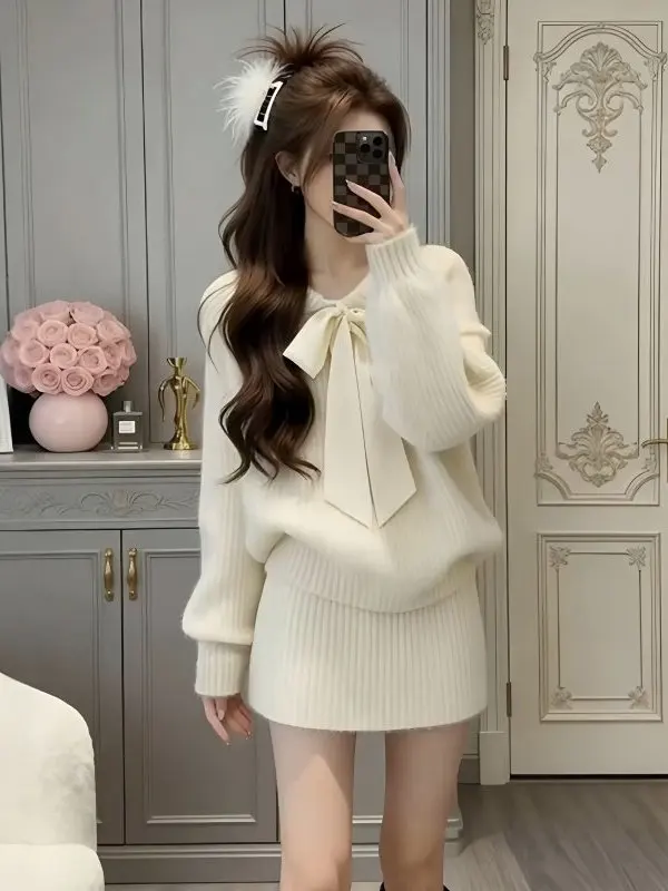 

Korean Style Lazy Knot Knitted Set Women's Autumn Winter Soft Cozy Sweater Half Skirt Slimming Two Piece Set