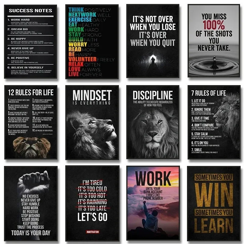 Canvas Painting Print Art Motivational Quotes Success Poster Lion Mindset Is Everything Room Office Home Wall Picture Decor