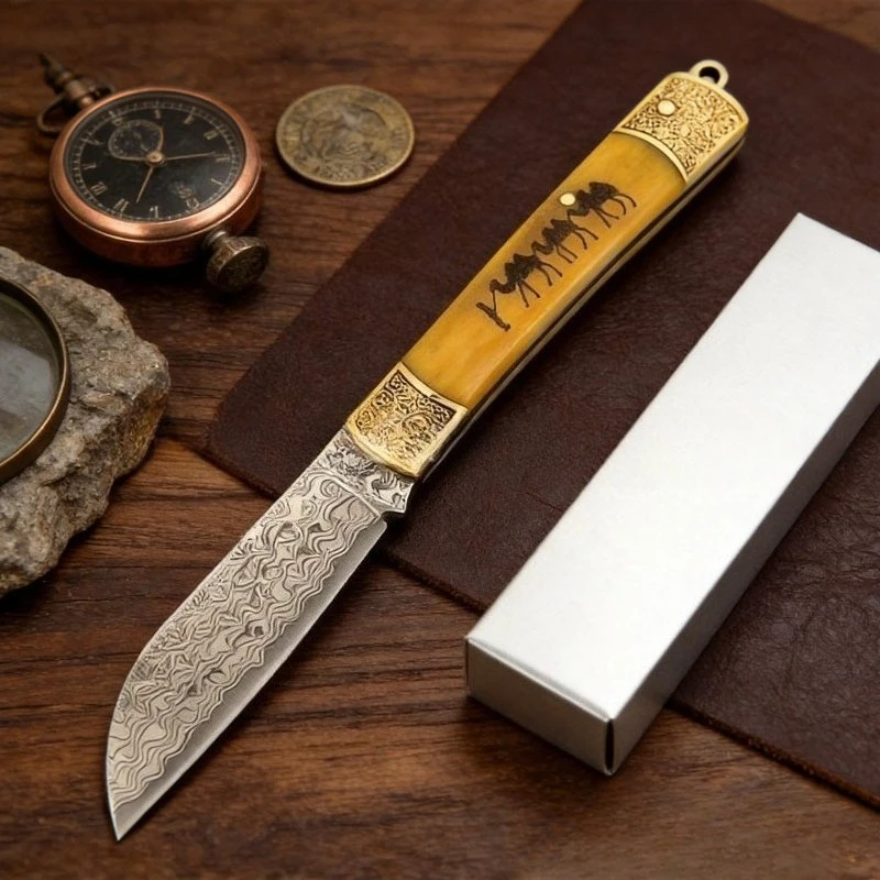 

High-quality Ox Bone Handle Damascus Steel Folding Knife Portable High-hardness Camping Outdoor Household Fruit Small Knife