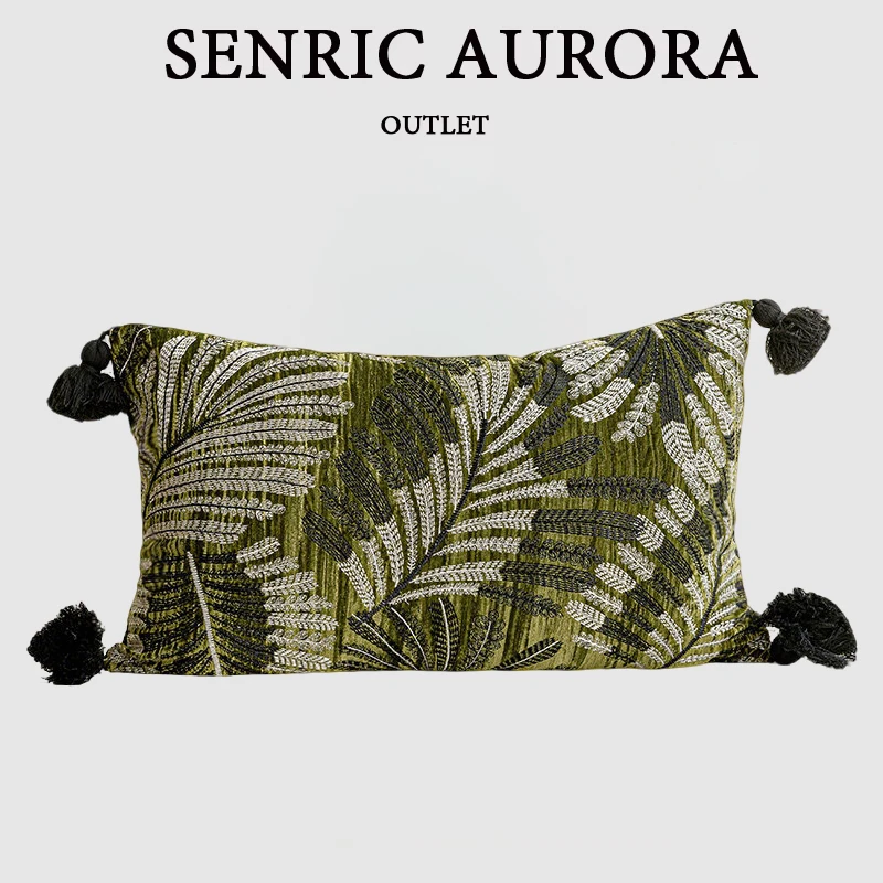 

Design Luxury Cushion Cover 45x45 30x50cm Green Base Broadleaf Embroidered Waist Pillowcase For Home Hotel Bed Living Room Sofa