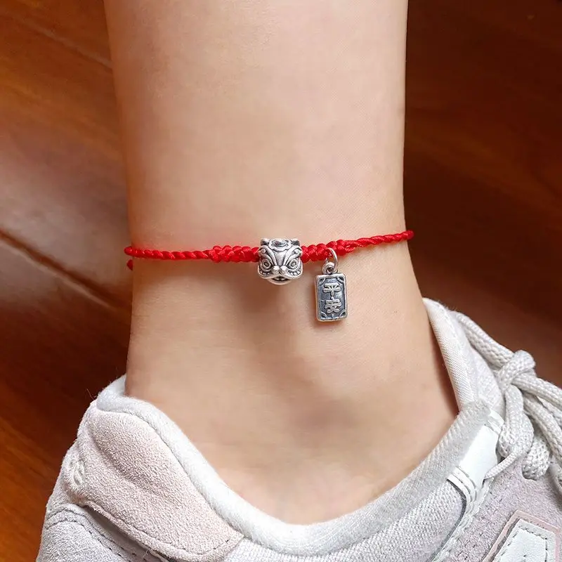 Lion Dance 999 Solid Silver Anklet Red Black Braided Cord Matching Zodiac Year Protection Adjustable Unisex Couple Gift Amulet