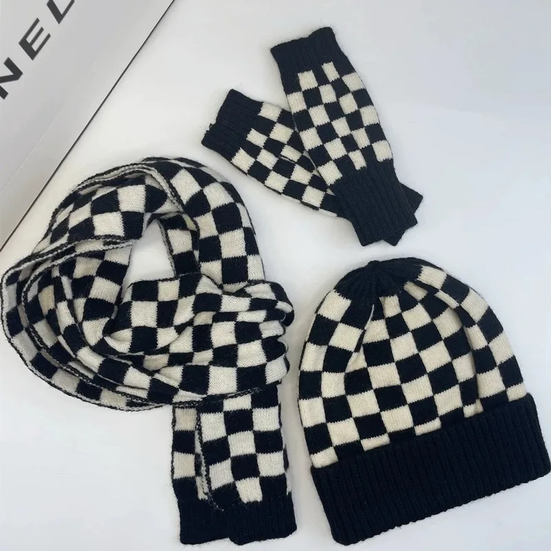 Jersey para mujer, sombrero coreano a cuadros, moda versátil, de alta calidad, Otoño Invierno, bufanda gruesa y cálida, guantes, sombreros de punto para niña