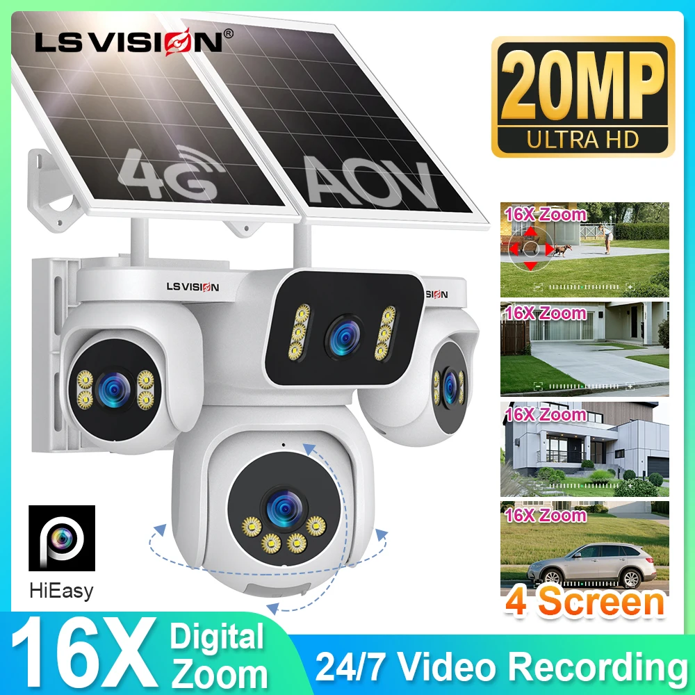 LS VISION 4 Screens AOV Solar Surveillance Cameras 4G 24/7 Recording Outdoor 16X Digital Zoom Auto Tracking 20W Solar Panel IP66