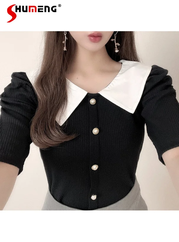 

Japanese Style Elegant Doll Collar Puff Sleeve Pearl Button Single-breasted Slim Versatile Sweet Casual T-shirt Top Women Summer