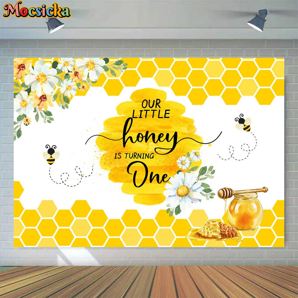 

Mocsicka Yellow Bee Baby 1st Birthday Backdrop Honeycomb Our Little Honey is Turning One Photography Background Studio Photocall