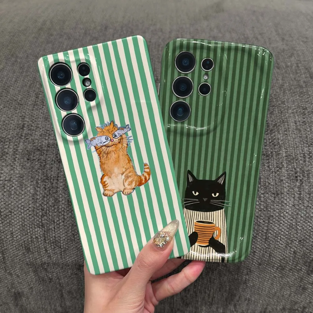 Cartoon Black Cat Cup Phone Case For Samsung Galaxy S26 S25 S24 S23 Ultra FE Plus Feilini Hard Case Wave Oil Soft Case