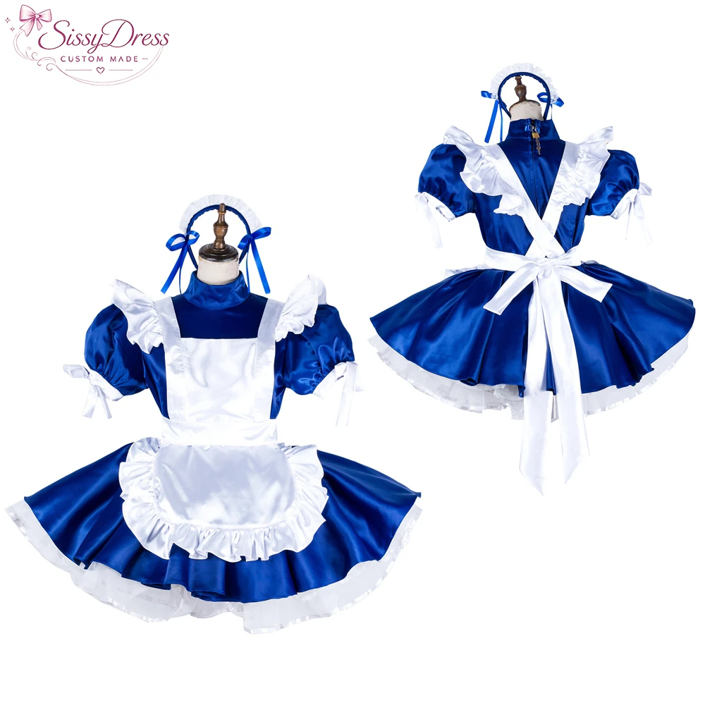 

sissy dress sexy cross dressing sissy maid short blue satin dress lockable Uniform white apron costume[G2032]