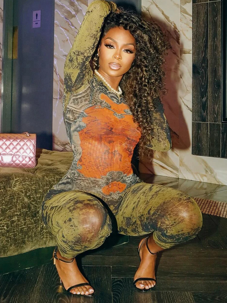 Macheda เซ็กซี่แฟชั่น Jumpsuits ผู้หญิงสุนทรียศาสตร์พิมพ์ O-คอแขนยาวผอมพีชสะโพก Hottie Hipster Street สไตล์ Overalls