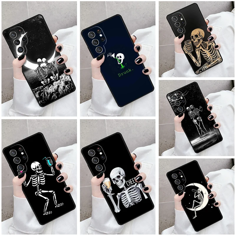 Phone Case For Samsung Galaxy S24 S23 S21fe S22 Ultra Plus Note 10 20 S8 S9 S10 Cover Drinking Skeleton