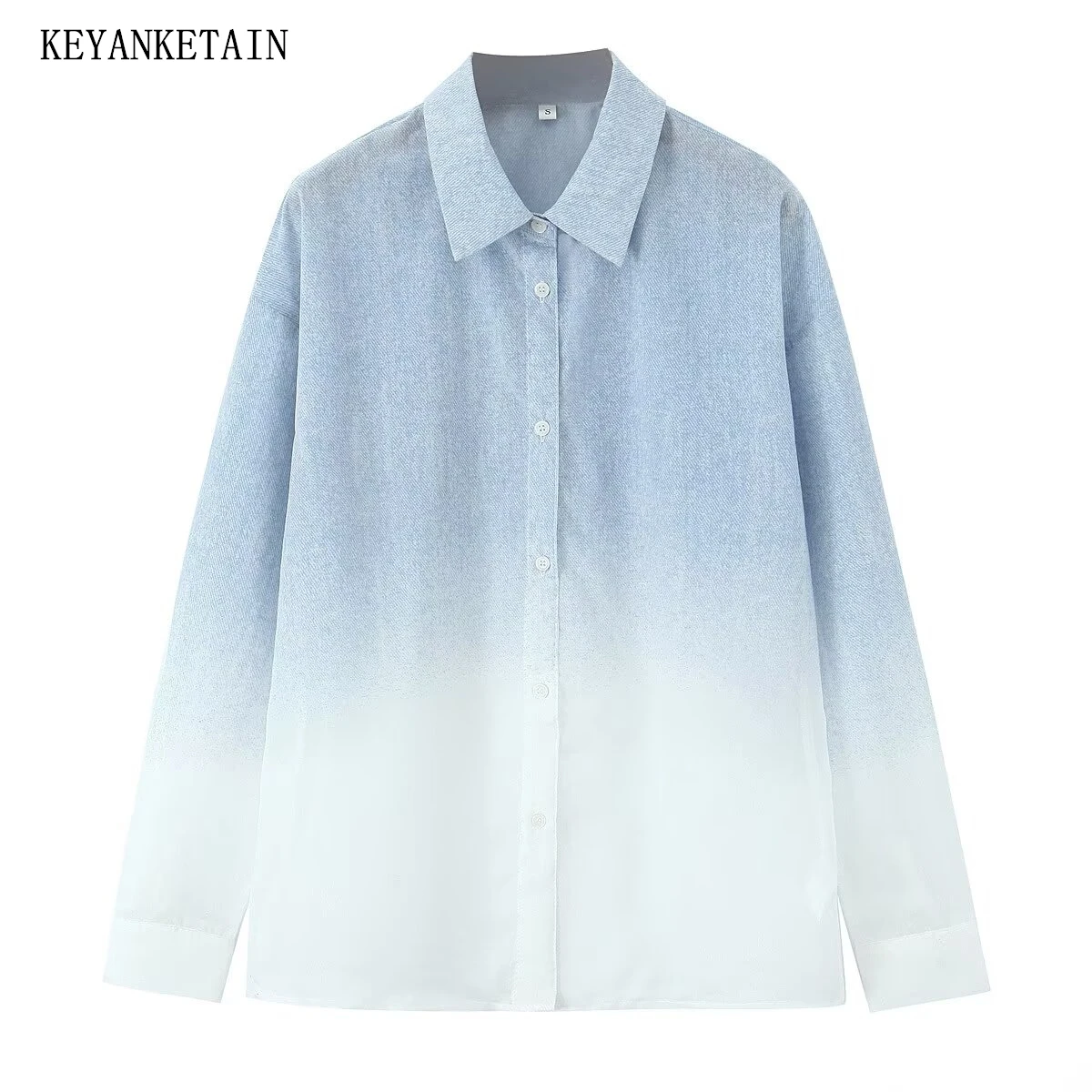 KEYANKETIAN Spring/Autumn New Women's Gradient color Denim Patchwork Chiffon Shirt Single Breasted Long Sleeve Loose Blouses Top