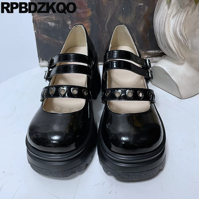 Rivet Platform Shoes Pumps Studded Block Strappy Stud Mary Jane Round Toe Heart Women Metal Patent Leather Gladiator Medium Heel