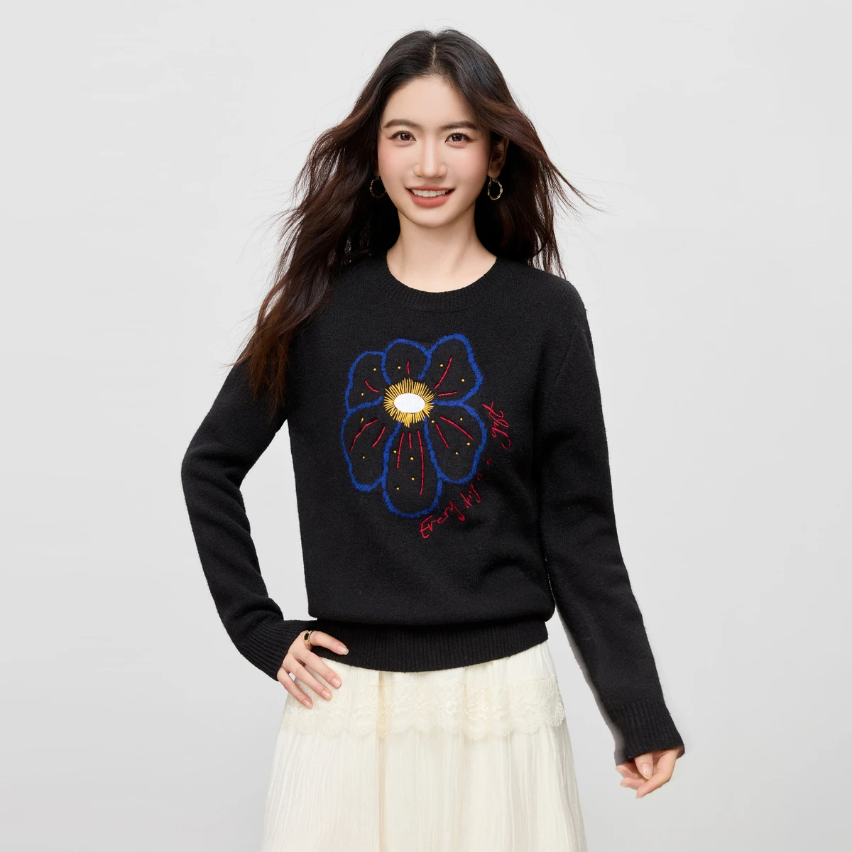 

SENTUBILA Ladies Sweater Floral Jacquard Winter Clothes Woman Fashion 2025 O-neck Knitted Letter Embroider Pullover W54EE3512