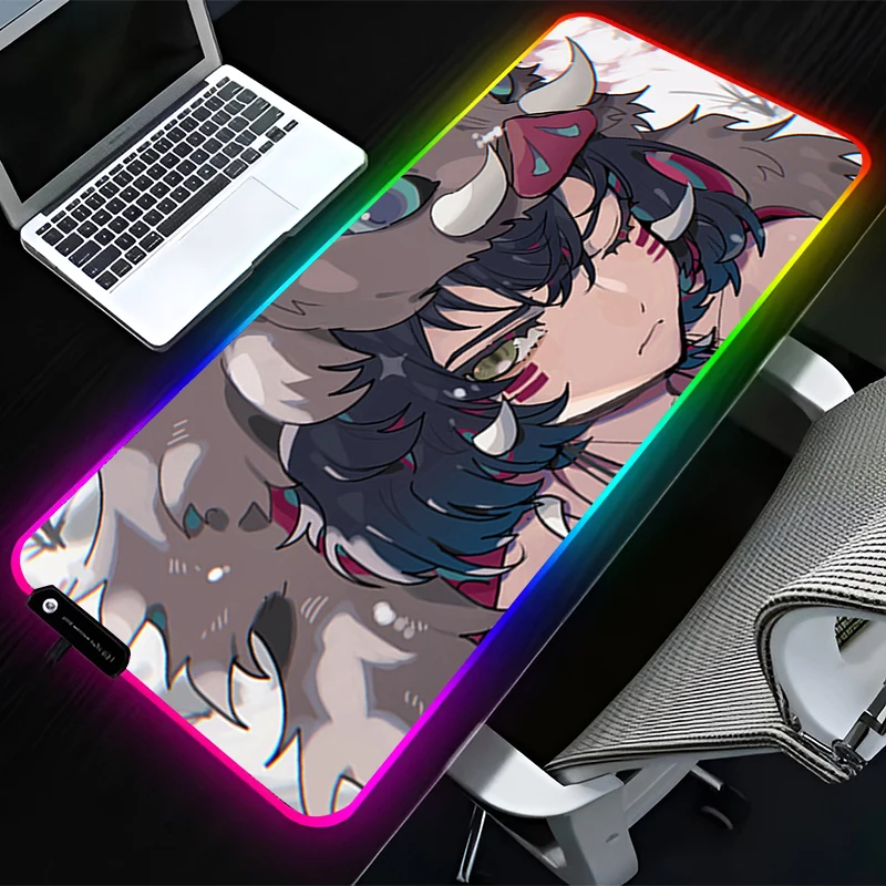 

RGB LED Mouse Pad Computer Desk Accessories Mouse Mat HD Rubber Keyboard Pad Non Slip D-demon Slayer Inosuke Mousepad Desk Mat