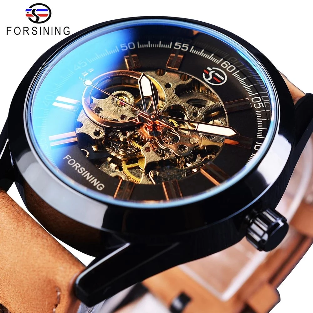 Forsining Brand Blue Light Glass Mens Casual Sport Watch Leather Military Automatic Men Mechanical Wrist Skeleton Luminous Clock