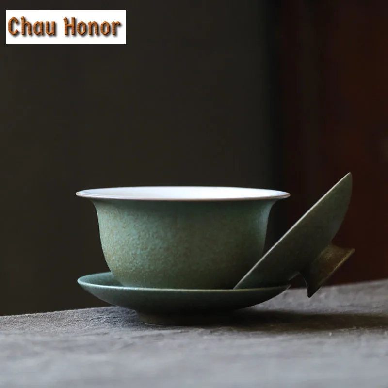 150ml Japanese Style Coarse Pottery Kiln Black Green Cover Bowl Handmade Tea Bowl Kung Fu Tea Set Tea Cup Sancai Cover Bowl