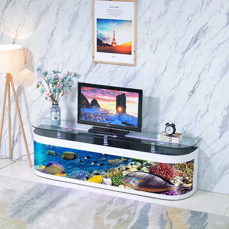 custom.Luxury Eco-Friendly Glass Coffee Table with TV Cabinet and Fish Stand Bedroom-Includes Lamp & Aquarium Tea Table