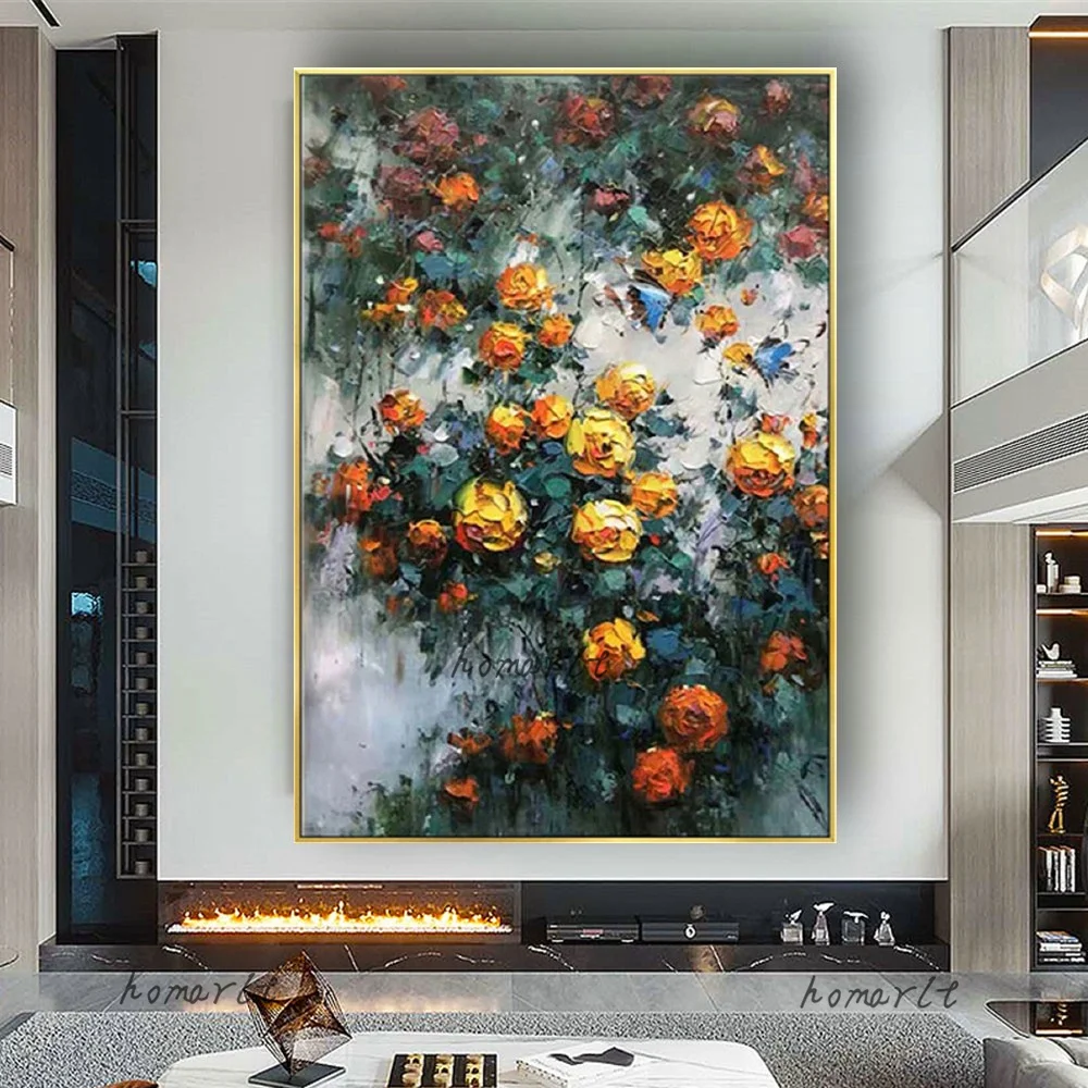 

2023 Newest Palette Knife Texture Acrylic Yellow Canvas Mural 100% Hand-Painted Abstract Flowers Oil Painting Unframed Wall Art