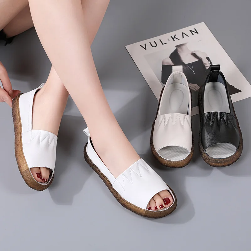 

Самые продаваемые и удобные женские сандалии из натуральной кожи, летняя новинка, на плоской подошве из бычьего сухожилия, с открытым носком, мягкие, на плоской подошве.