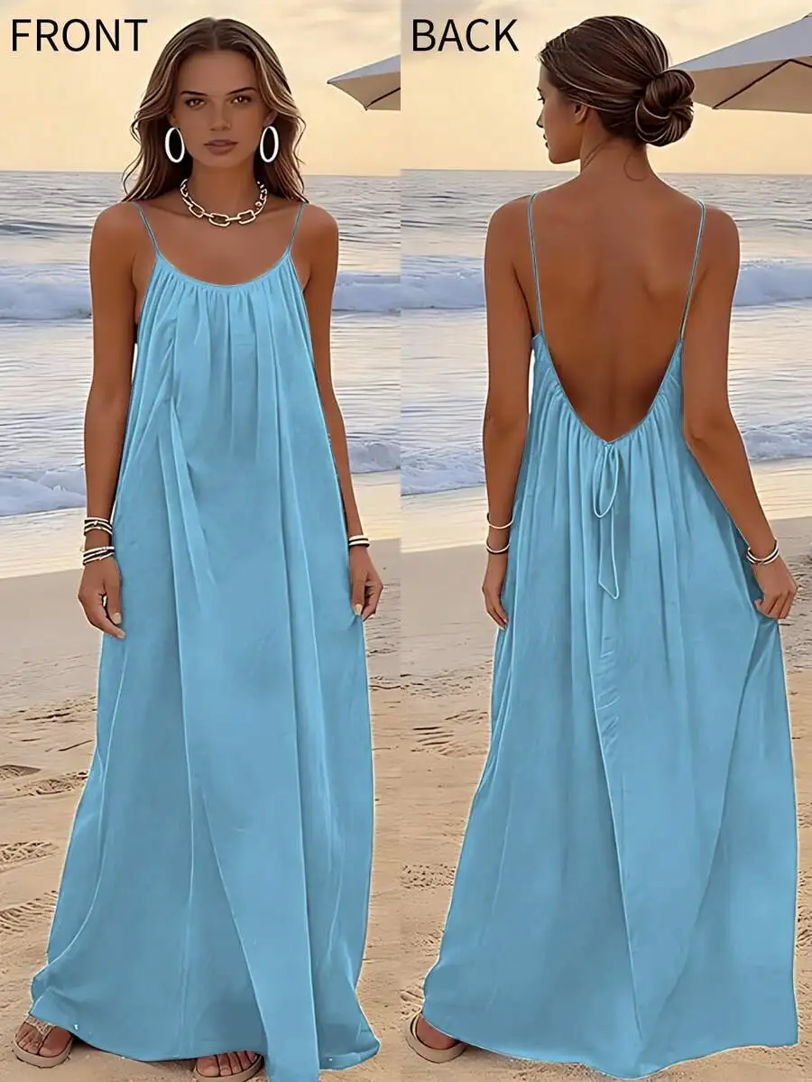 

Women Summer Sleeveless Backless Cami Sundress Vacation Beach Dress