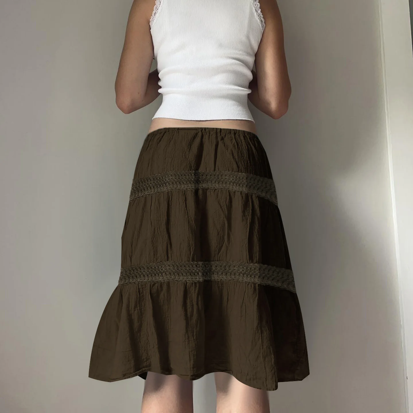 SUCHCUTE Vintage A-Line Beaded Tie-Waist Woven Skirt For Woman Chic Brown Lace Design Slim Mid-length Skirt Y2k Boho Clothes New