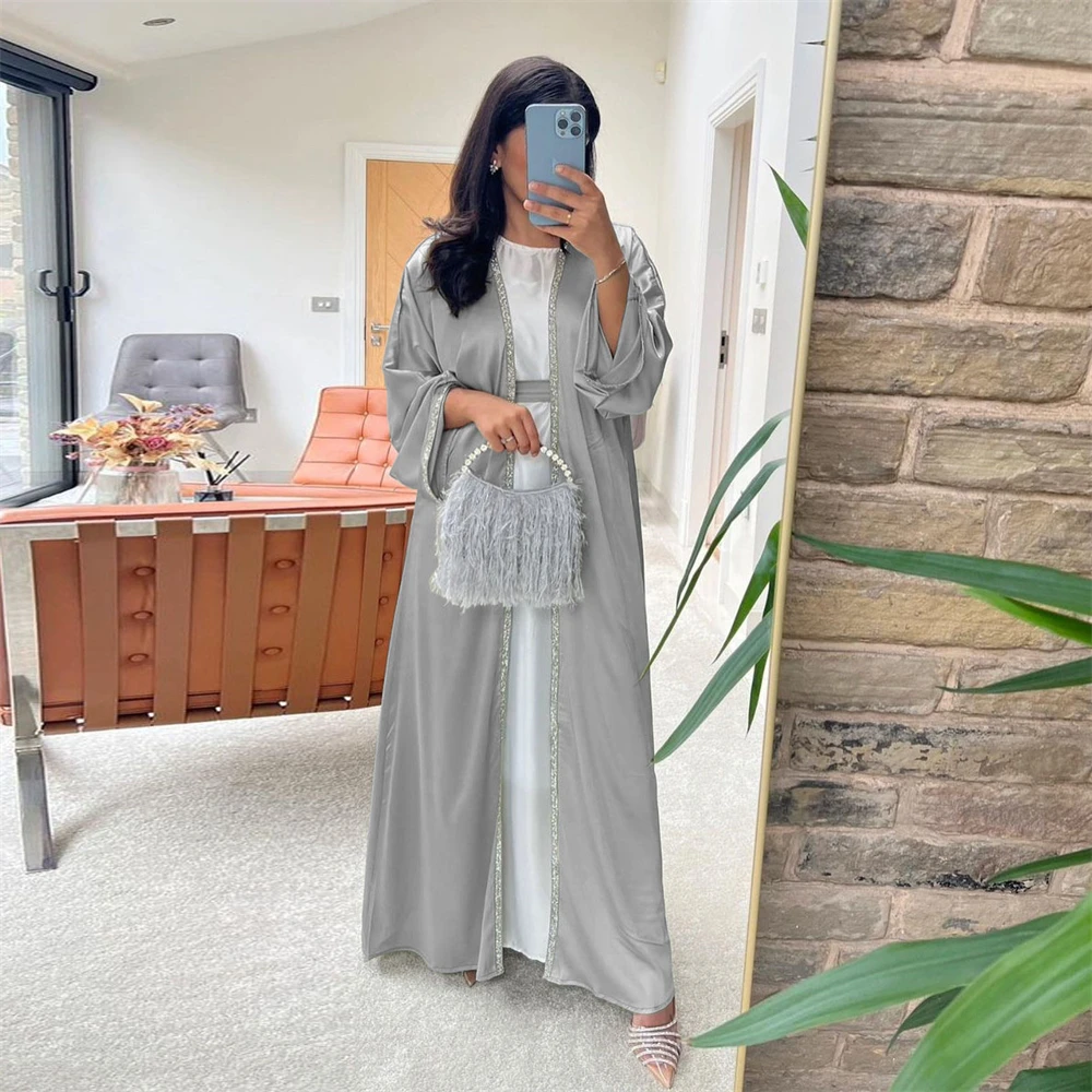 

Luxury Diamonds Open Abaya Women Muslim Cardigan Maxi Dress Turkey Arab Kimoon Satin Eid Ramadan Kaftan Islamic Jalabiya Caftan