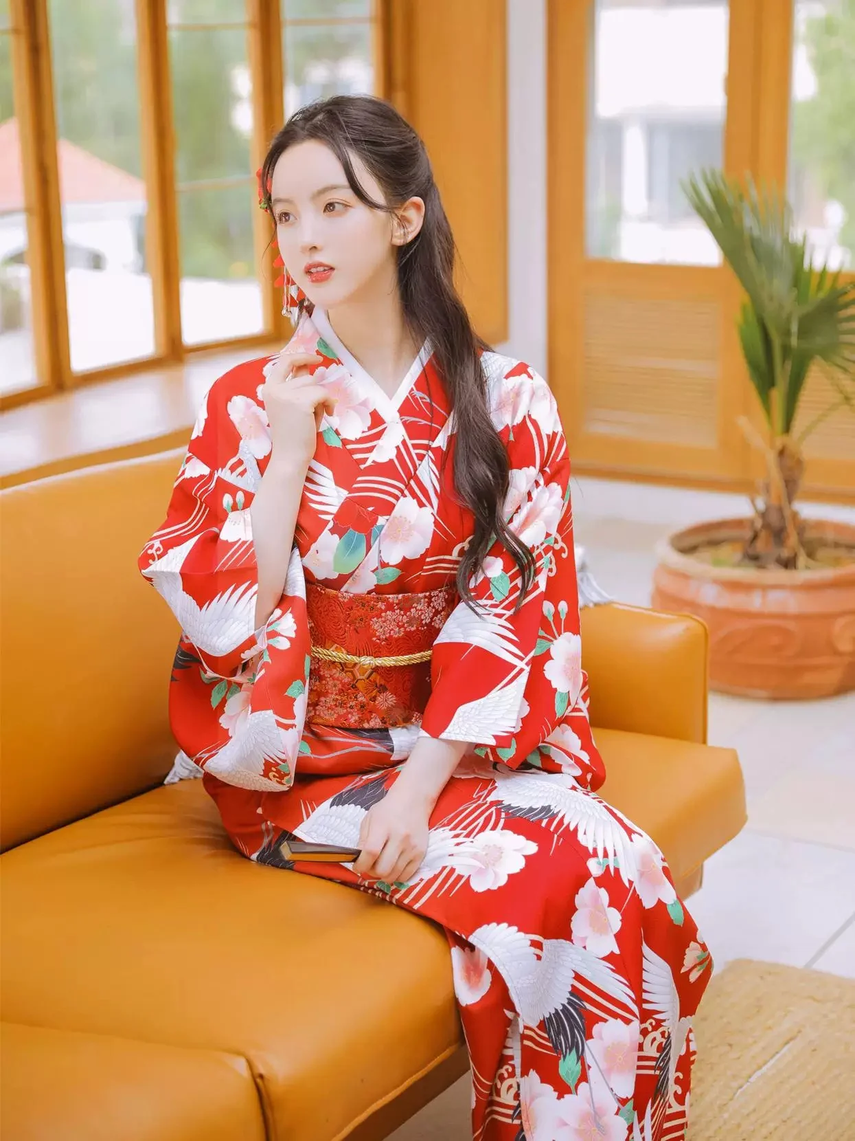 Women's Japanese Traditional Kimono Green Color Floral Prints Classic Yukata Photography Dress Cosplay Clothing Bathrobe