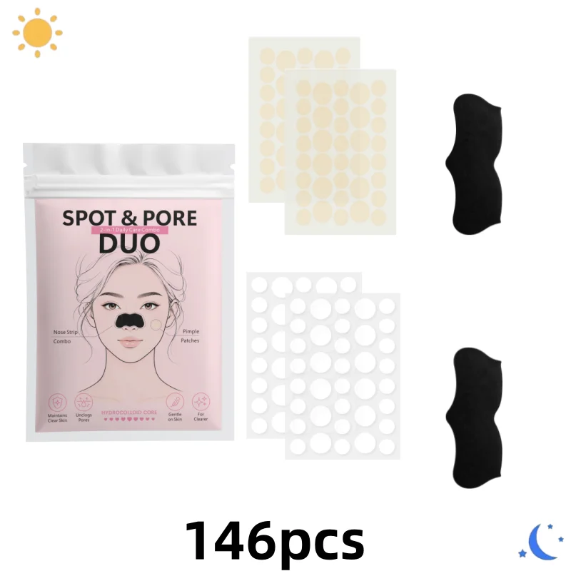 146/292/366Pcs Hydrocolloid Spot Patch & Black Nose Strip Set Invisible Blemish Stickers Assorted Sizes Day Night Face Care image 4