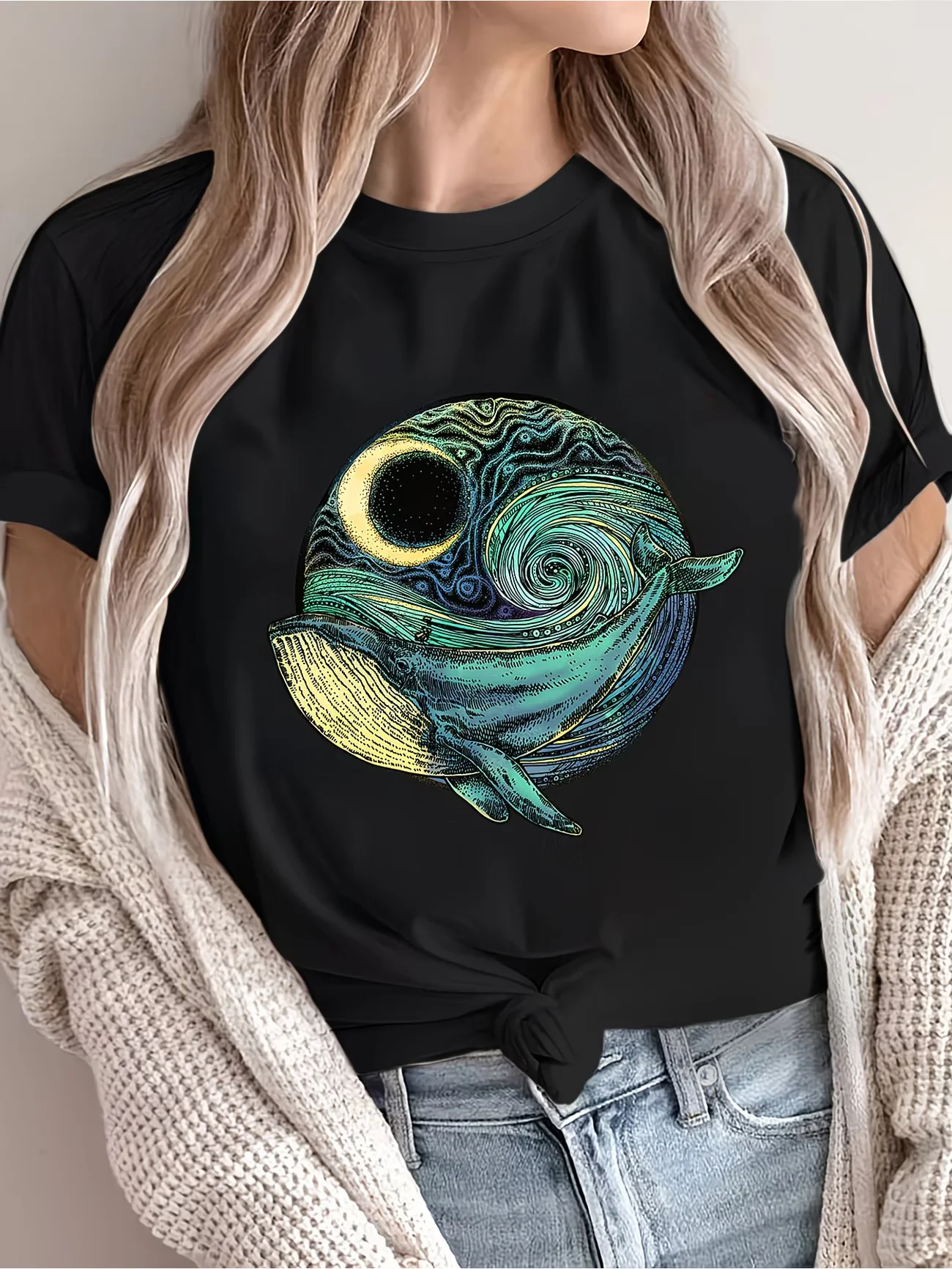 Women Whale Graphic T-Shirt Starry Night Print Summer Short Sleeve Loose Fit Tops Female Casual Fashion Streetwear Art Tee Shirt