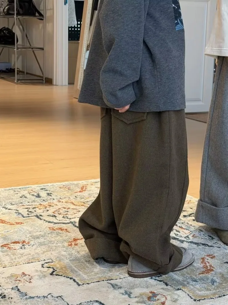 Children's Pants 2026 Autumnwinter Boys' and Girls' Korean Solid Splicing Straight Leg Pants Children's Plush Casual Pants