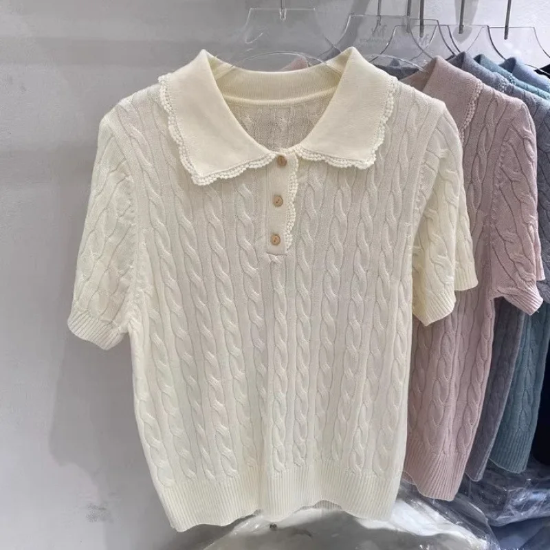 Spring New Style Women's Knitted Short Sleeve Polo Neck Lace Trim Splicing Design Versatile Fashionable Base Top City Style