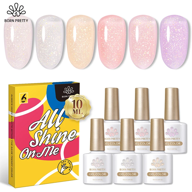 BORN PRETTY 6PCS/Lot Pink Jelly Glitter Nail Gel Set Gold Sequins Sparkly Shiny Soak Off Nail Art Manicure Varnish 10ML