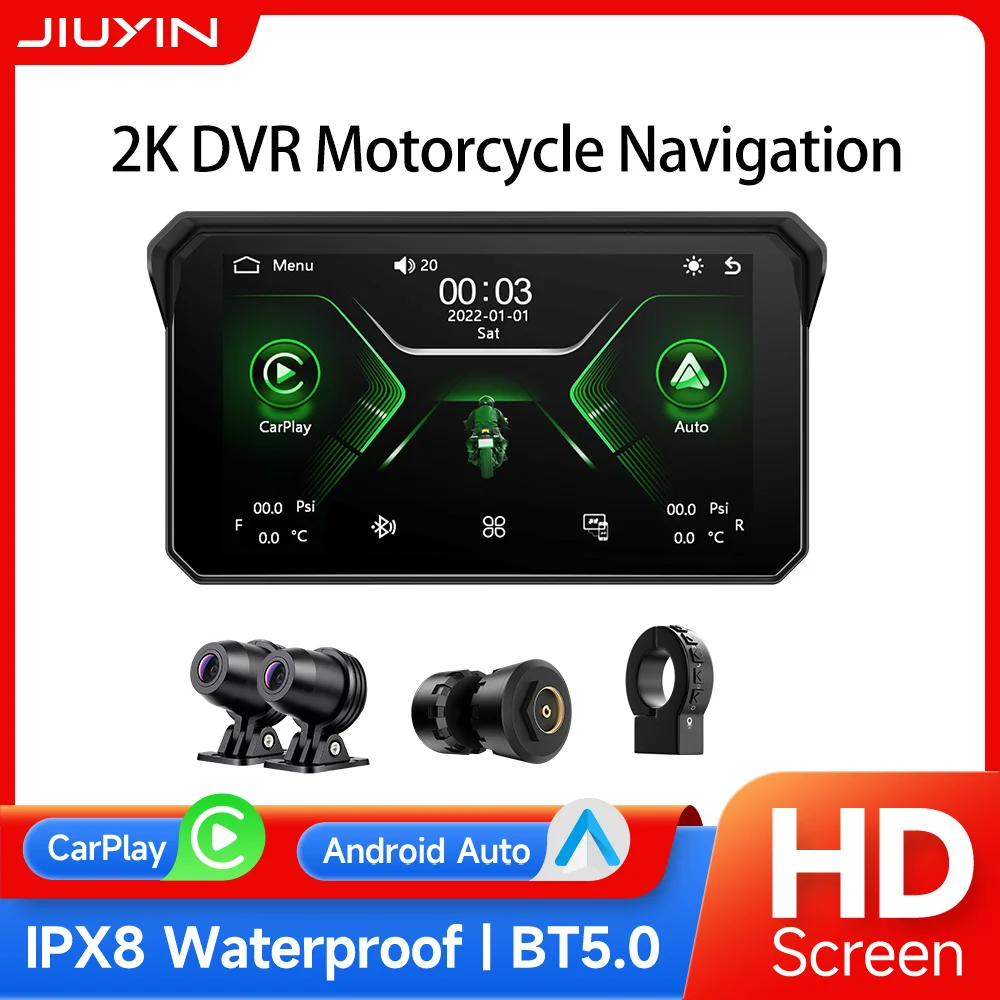 

5'' Motorcycle 2K HD GPS Navigation Multimedia Player Video Recorder Wireless CarPlay Android Auto IPX8 Waterproof Screen BT