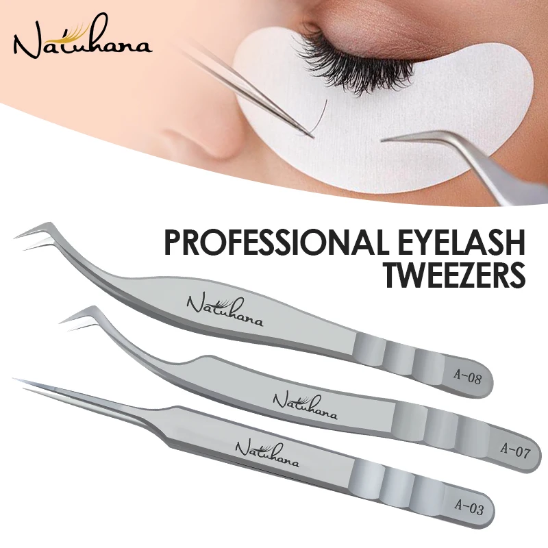 NATUHANA  Silver Eyelash Tweezers Lash Artists High Precision Stainless Steel Superhard Anti-Static Tweezers Makeup Tools